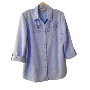 Allison Daley blue & white gingham checked top sz 14 embrodery.